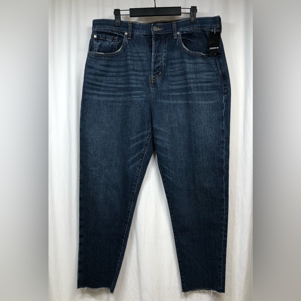 Torrid Mom Jean Buttonfly Tapered Cropped Raw Hem Mineshaft Dark Blue 16R NEW